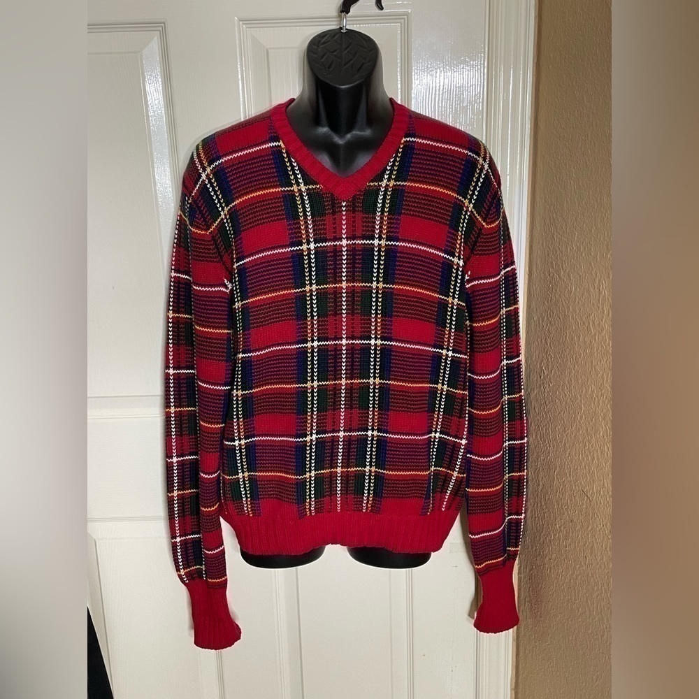Polo Ralph Lauren Vtg V Neck Plaid Twill Sweater Medium​​​​​​​​​​​​​​​​​​​​​